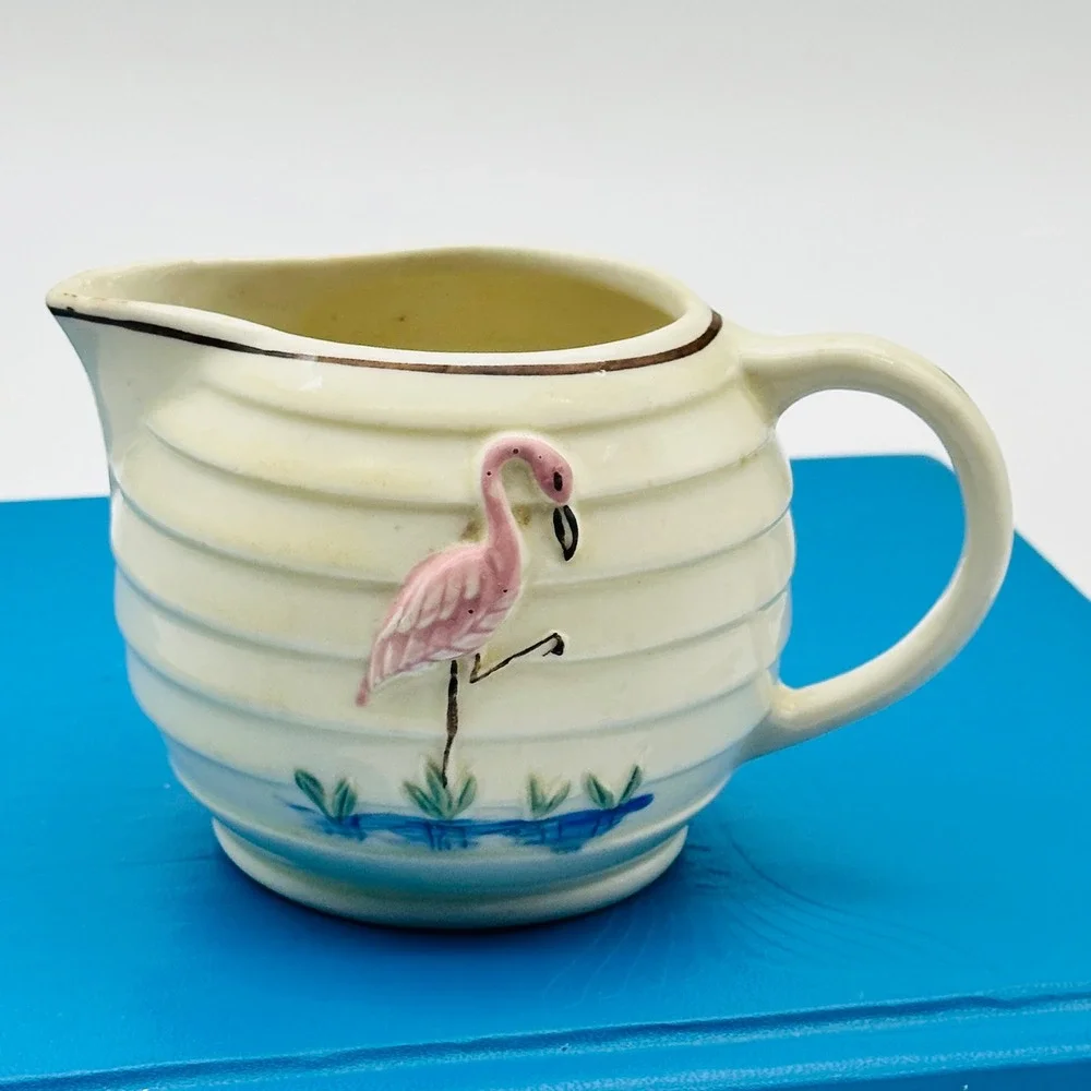 Vintage Porcelier Flamingo Creamer Pitcher 1940s Pink Ribbed MCM Coastal
